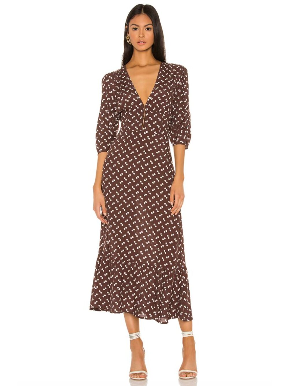 Flynn Skye Brown White Double Time Dots Print Elsie Corset Flowy Midi Dress